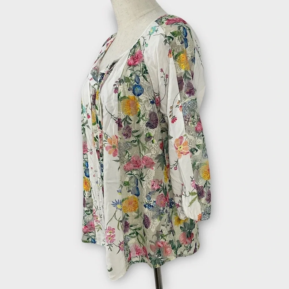 Fig and Flower Floral Lace Patchwork Tie Neck‎ Blouse Top Women Med Cottage Core - Picture 2 of 7